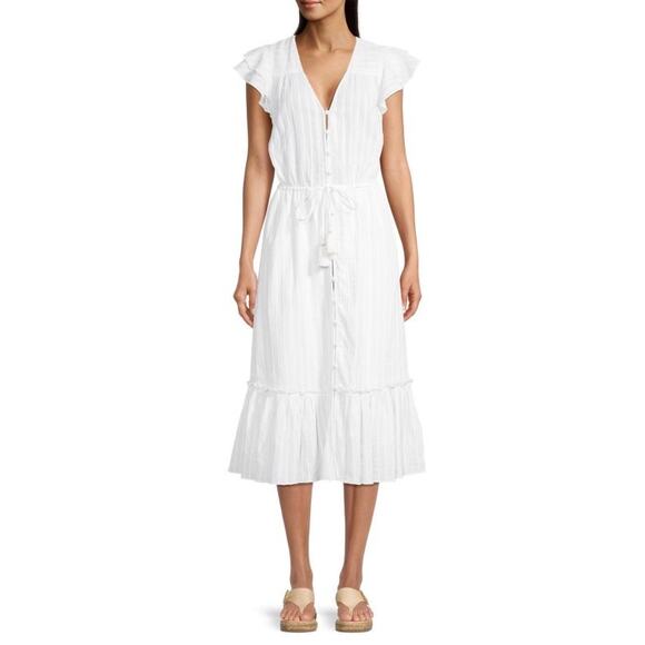 Veronica Beard White Tinzia Dress Midi Length Ruffle Hem Size L - Picture 1 of 14
